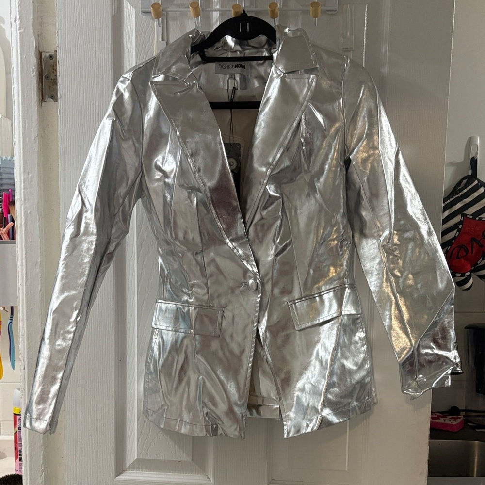 Fashion Nova Shimmering Silver Blazer